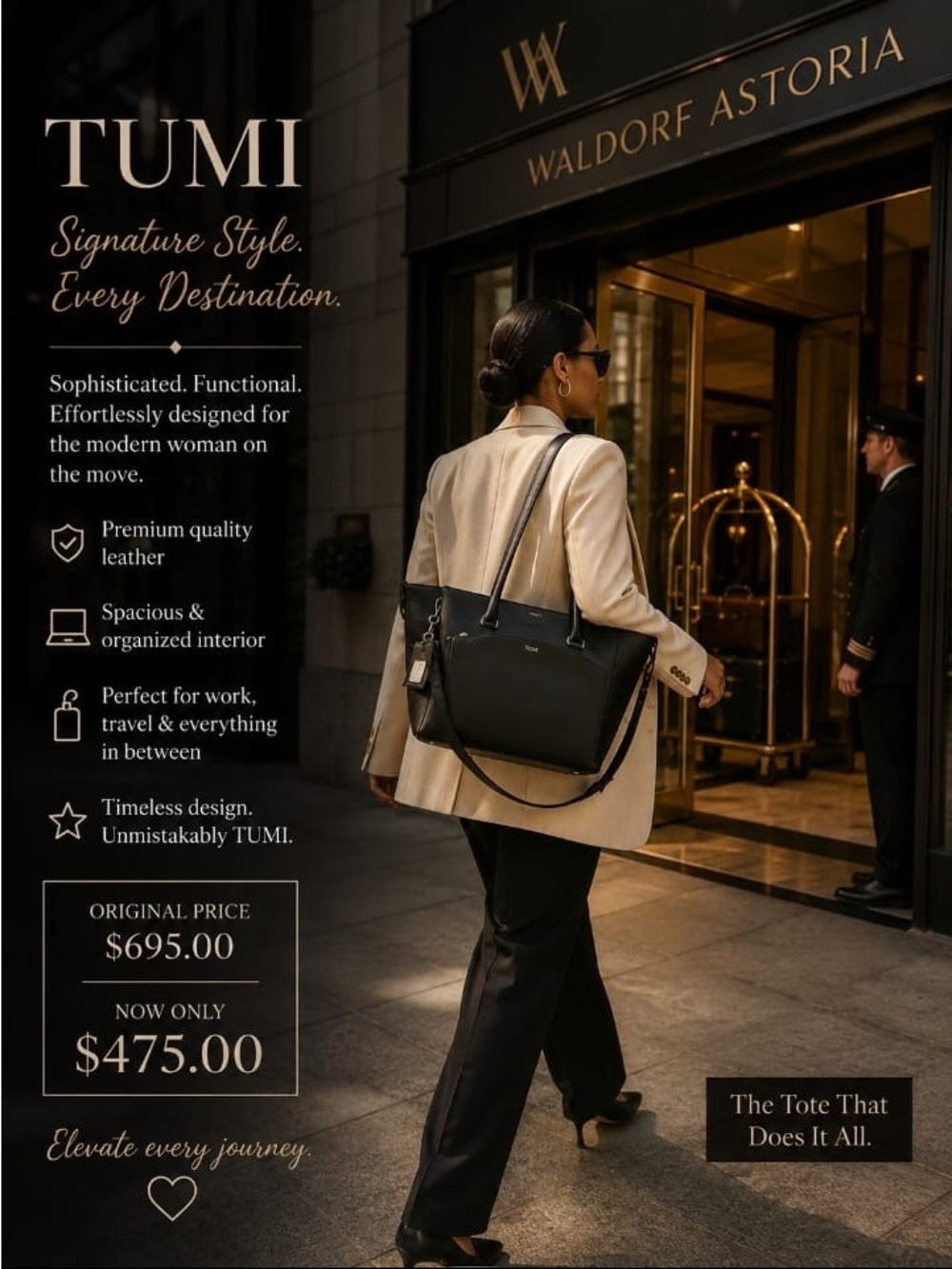 TUMI Black Leather Tote with Silver Hardware